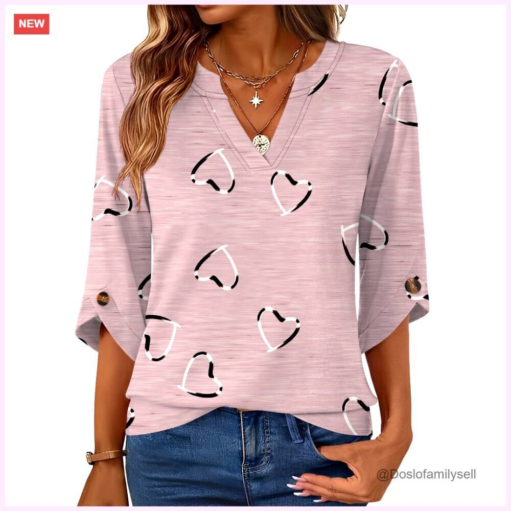 V-Neck Tunic Top 3/4 Sleeve Flowy Business Casual Blouse Lightweight Fabric